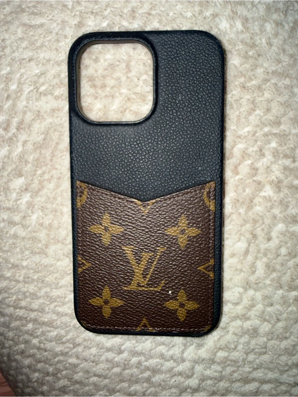 LV-Black & Brown Leatherette Phone Case with Card Pocket small tear on corner